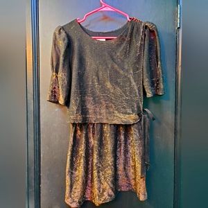 Chocolate gold shimmer sparkly mini skirt dress. Stretch puff sleeves fancy club